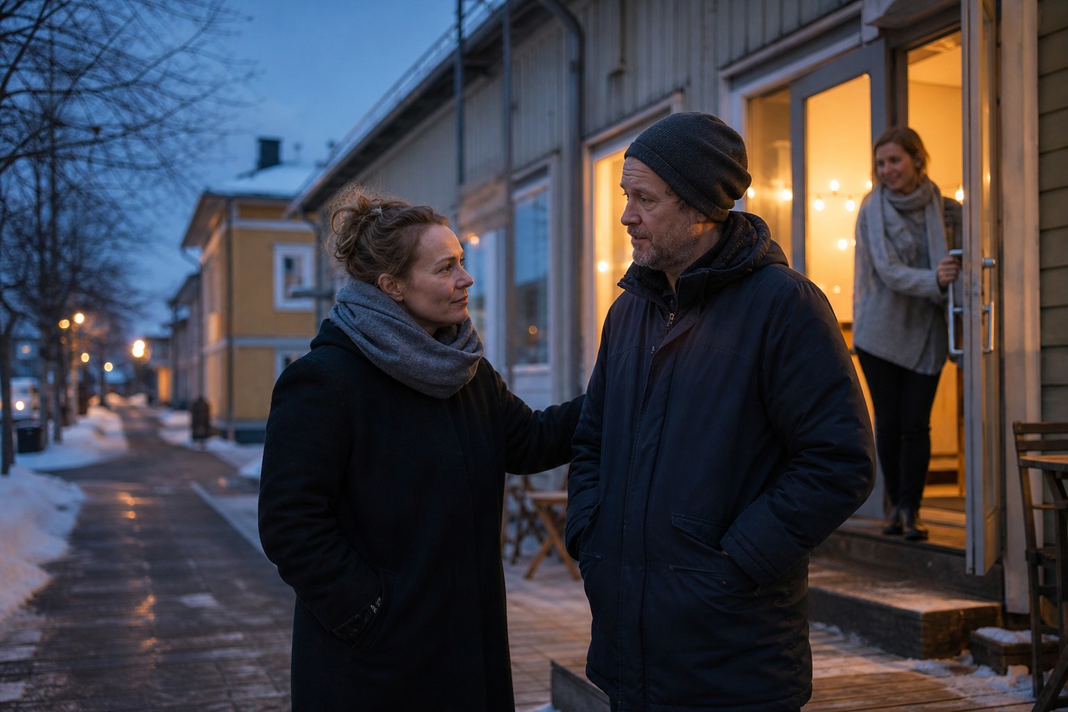Kaksi ihmistä pysähtyy keskustelemaan lämpimästi talvisella kadulla.